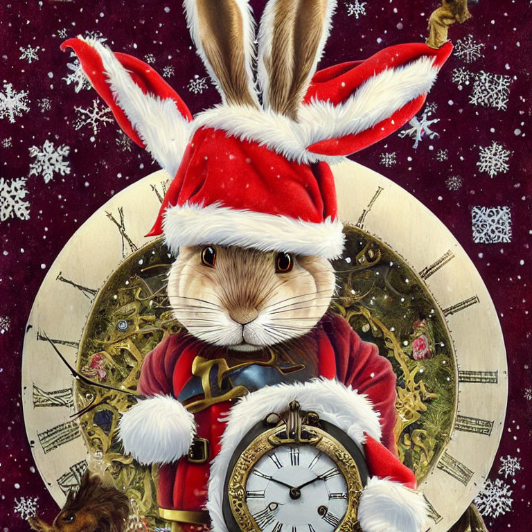 Anthropomorphic rabbit in Santa Claus outfit with clock background and snowflakes