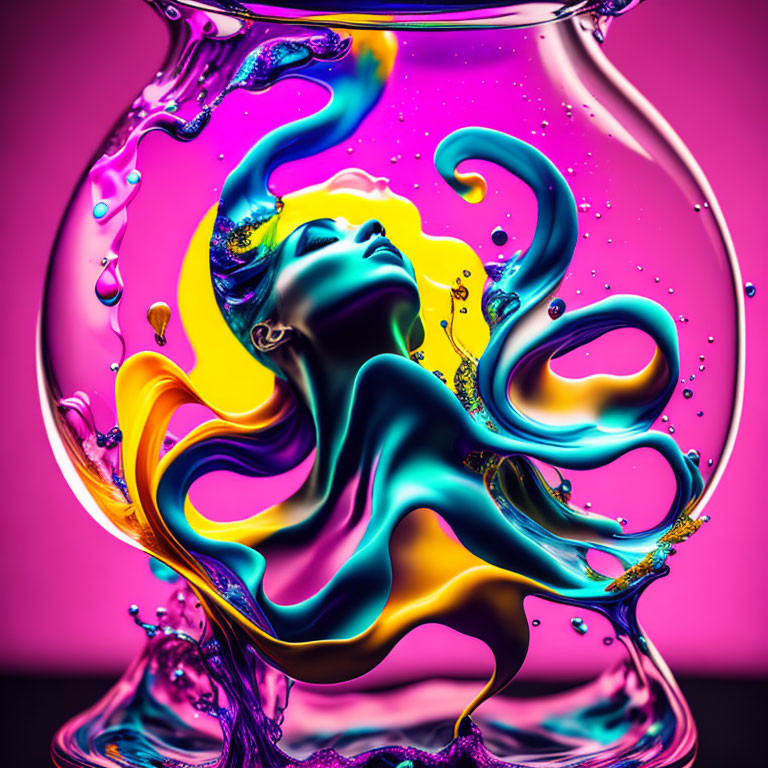Neon-colored liquid shapes in glass vase on pink backdrop