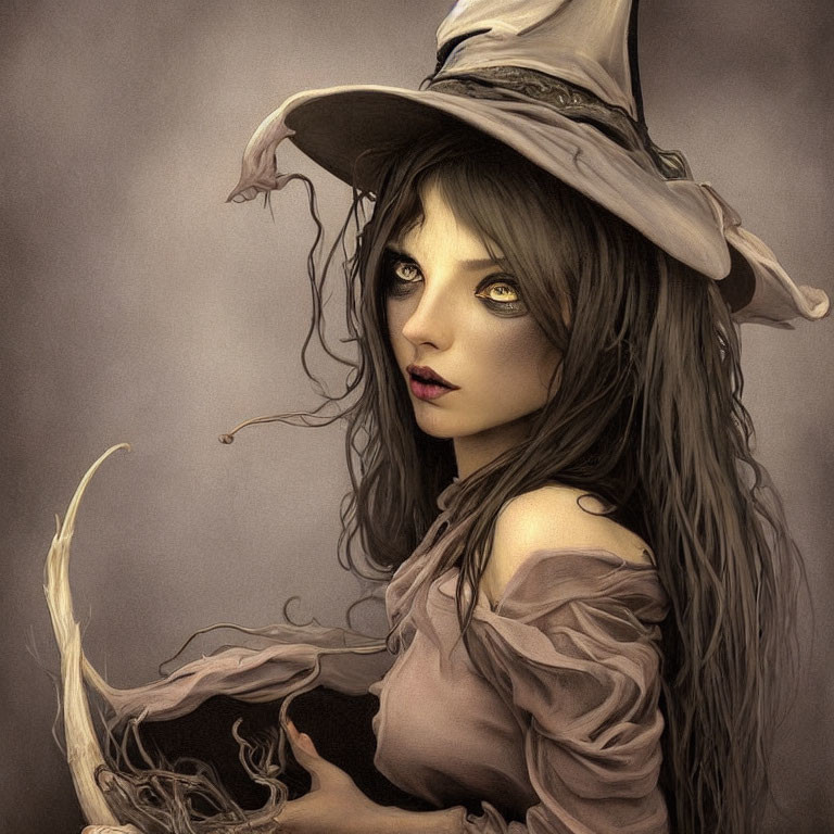 Digital artwork featuring a woman with mystical green eyes and a witch's hat casting magical tendrils.