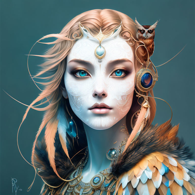 Fantasy-themed portrait of woman with fair hair, ornate jewelry, facial tattoos, and owl.