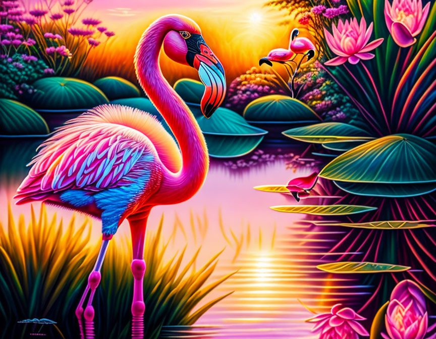 Pink flamingo at sunset