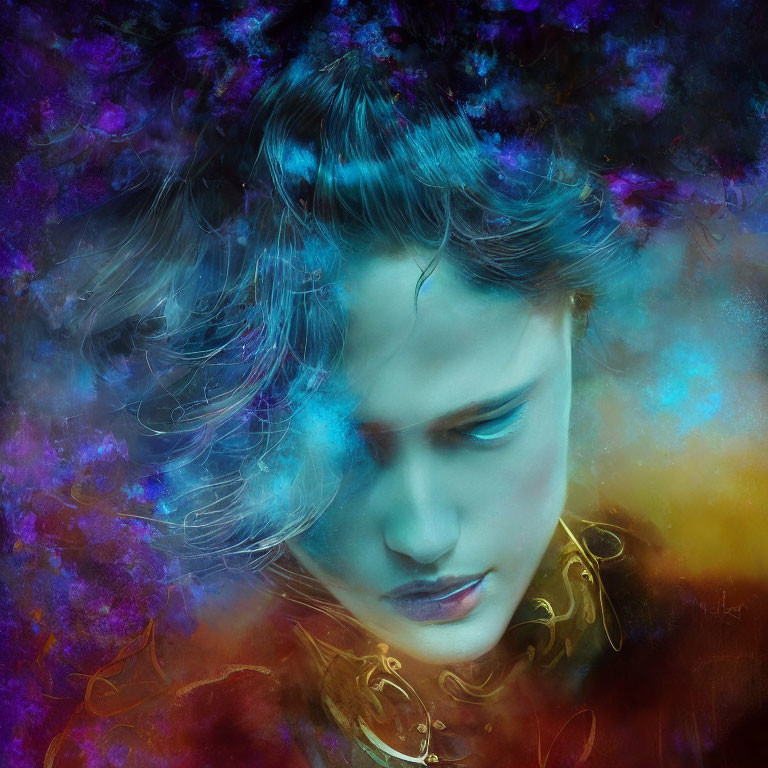 Digital Artwork: Contemplative Person in Vibrant Nebula