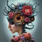 Digital artwork: Woman's profile with lush flower and mechanical headdress against cloudy sky