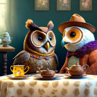 Anthropomorphic owls in Victorian attire at a tea party with owl portraits.