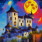 Fantastical Castle Twilight Sky with Moons and Planets
