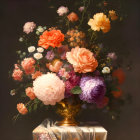 Multicolored flowers in golden vase on dark background