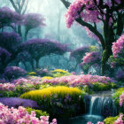 Tranquil landscape with purple flowering trees and small waterfall