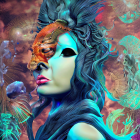 Vibrant fantasy portrait with blue hair, golden mask, and whimsical accessories
