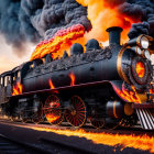 Vintage Train with Vibrant Flames and Smoke on Tracks at Dusk