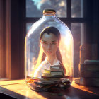 Digital artwork: Young woman in glasses trapped in glass bottle surrounded by papers with sunlight through window