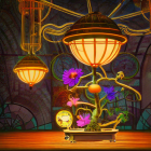 Fantasy artwork of luminous tree, lamp, figure, flowers in mystical setting