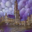 Mystical Gothic castle under stormy purple sky
