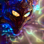 Detailed Golden Mask with Blue Glow Amid Machinery and Orbs