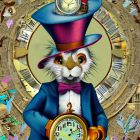 Colorful anthropomorphic rabbit with pocket watch and clocks.