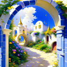 Colorful painting of village pathway and arch bridge under blue sky
