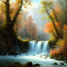 Tranquil waterfall in autumn forest under soft sunlight