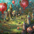 Colorful hot air balloons over enchanting castle in fantasy landscape