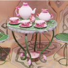 Tranquil still-life painting of tea set and roses on table