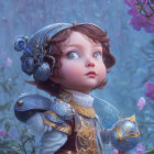 Young Knight in Silver and Gold Armor with Blue Eyes in Misty Flower-Filled Scene