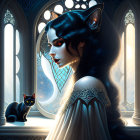 Fantasy illustration of woman with cat-like features in gothic window setting