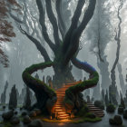 Enchanted forest scene with giant tree and spiral staircase