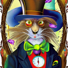 Formal Attire Rabbit with Pocket Watch in Surreal Clock Background