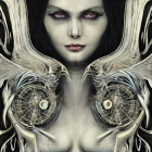Detailed digital artwork: Female figure with mechanical elements and blue eyes, surrounded by intricate structures