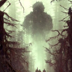 Ethereal misty forest with creature-like figures and mysterious ambiance
