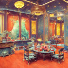 Luxurious Orange and Blue Room with Tea Set, Golden Curtains, and Chinese Vases