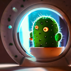 Whimsical painting of cactus with expressive eyes in burrow with fantasy creatures