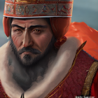 Regal man with beard in red cape and golden crown