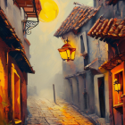 Cobblestone street at dusk with vintage lanterns and colorful flowers