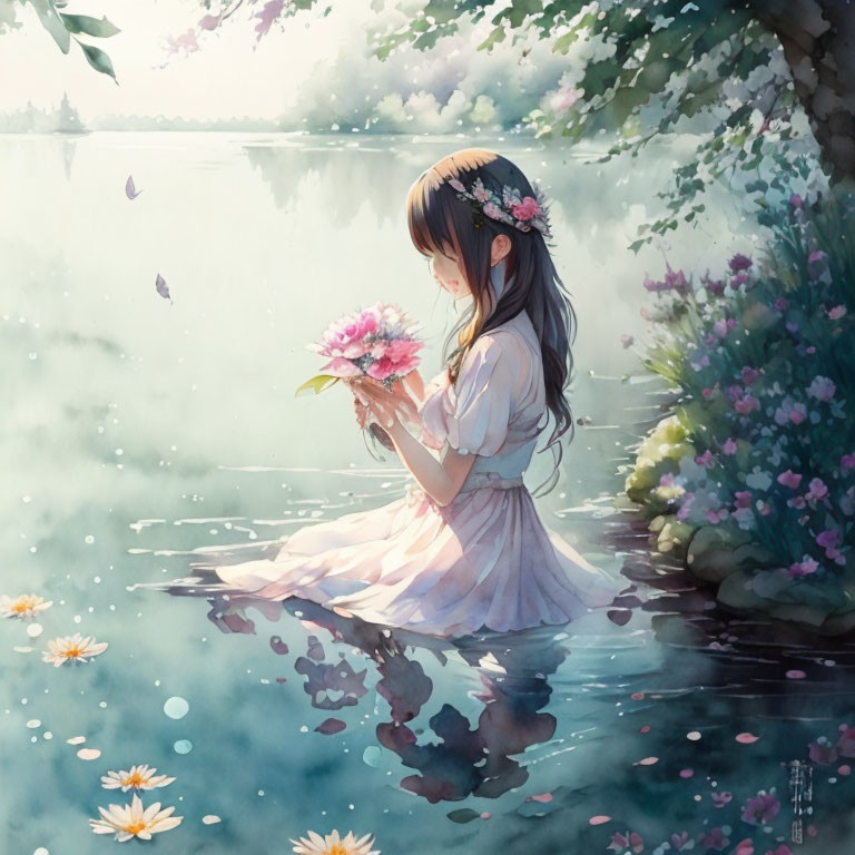 Young girl in white dress by tranquil lake with pink flower