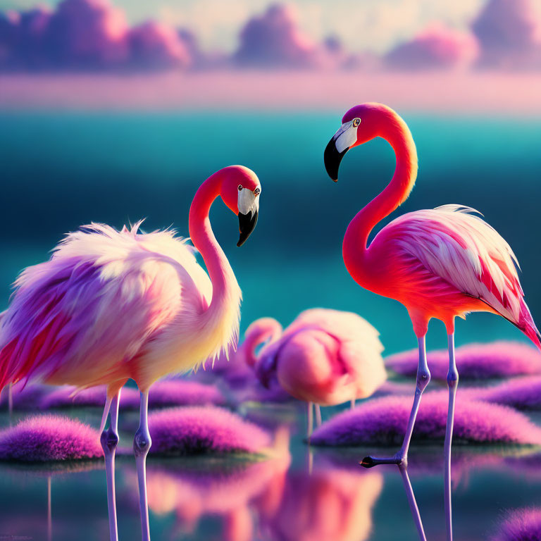 Vibrant pink flamingos in water with pink and blue sky backdrop