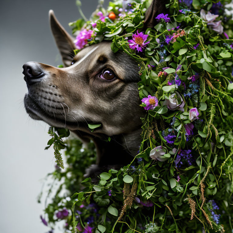 Brown Fur Dog Surrounded by Green Leaves and Purple Flowers