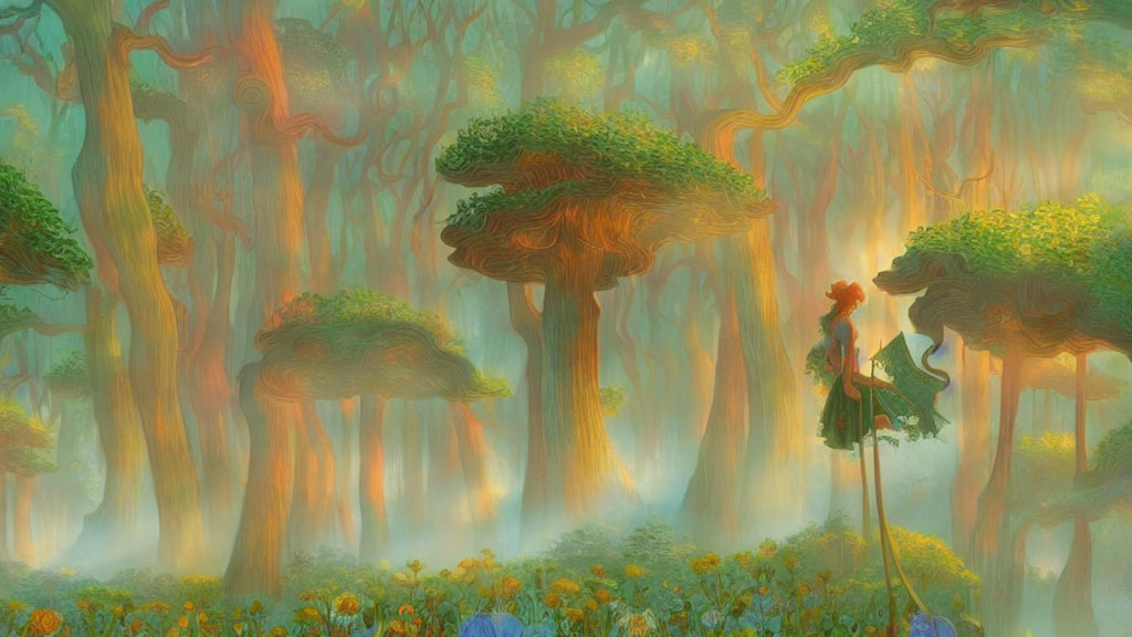 Whimsical fantasy forest with floating woman and sunbeams