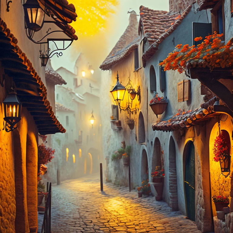 Cobblestone street at dusk with vintage lanterns and colorful flowers