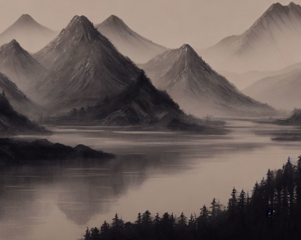 Monochrome landscape of misty mountains, still waters, forested shoreline
