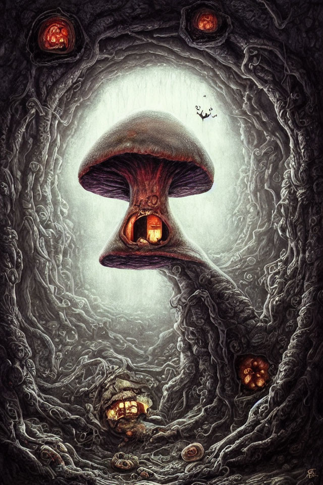 Dark cavern with giant mushroom, glowing windows, intricate root patterns