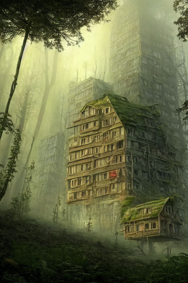 Overgrown foggy forest with dilapidated wooden buildings