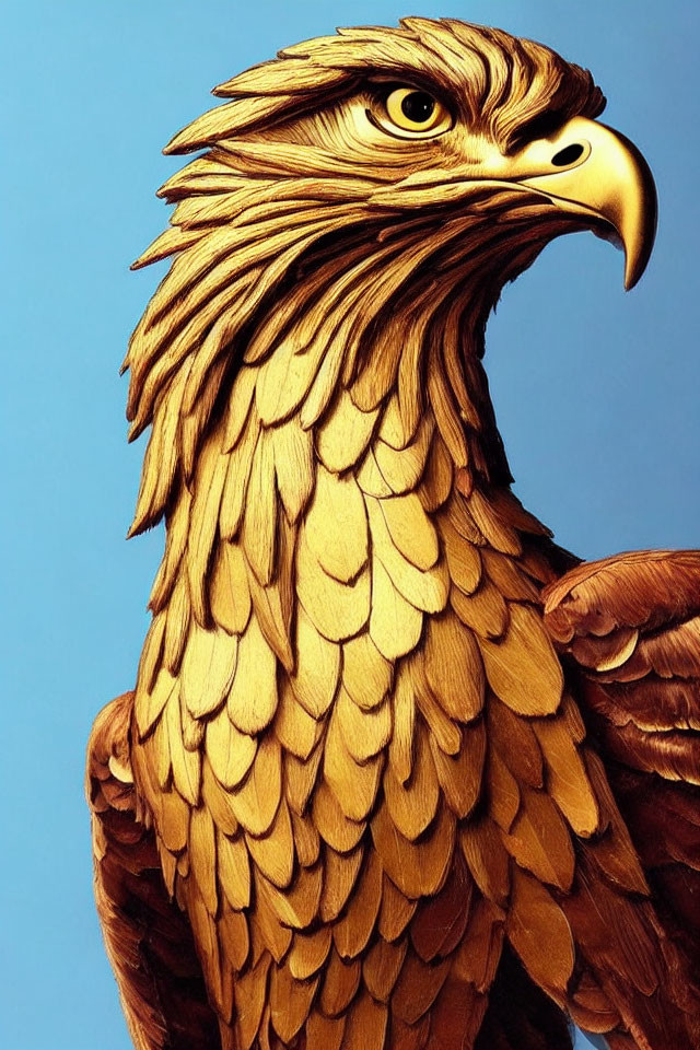 Detailed Golden Eagle Illustration with Green Eyes on Blue Background
