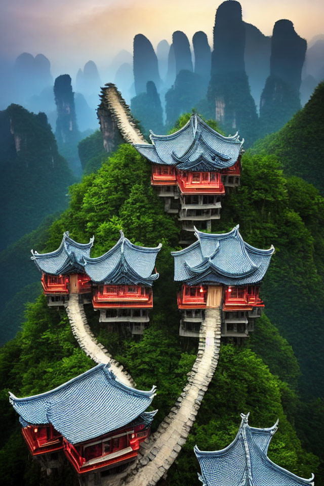 Traditional Chinese Pagoda Surrounded by Karst Mountains and Stone Staircase