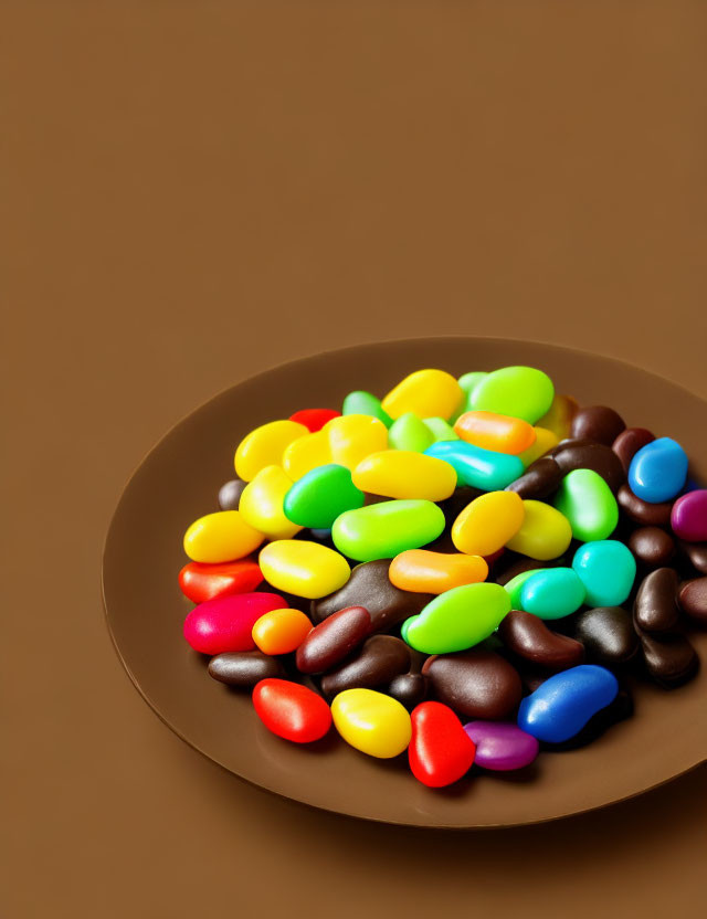 Vibrant Jelly Beans and Chocolate Candies on Brown Plate