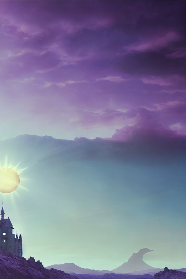 Silhouette of castle against purple sunset sky.