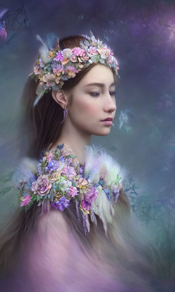 Floral wreath and feathered shoulder on serene woman in violet setting