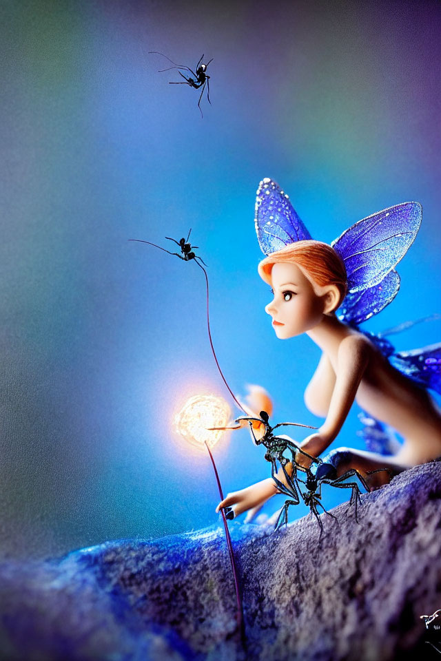 Miniature fairy with iridescent wings and glowing orb, stylized insects on blue textured surface