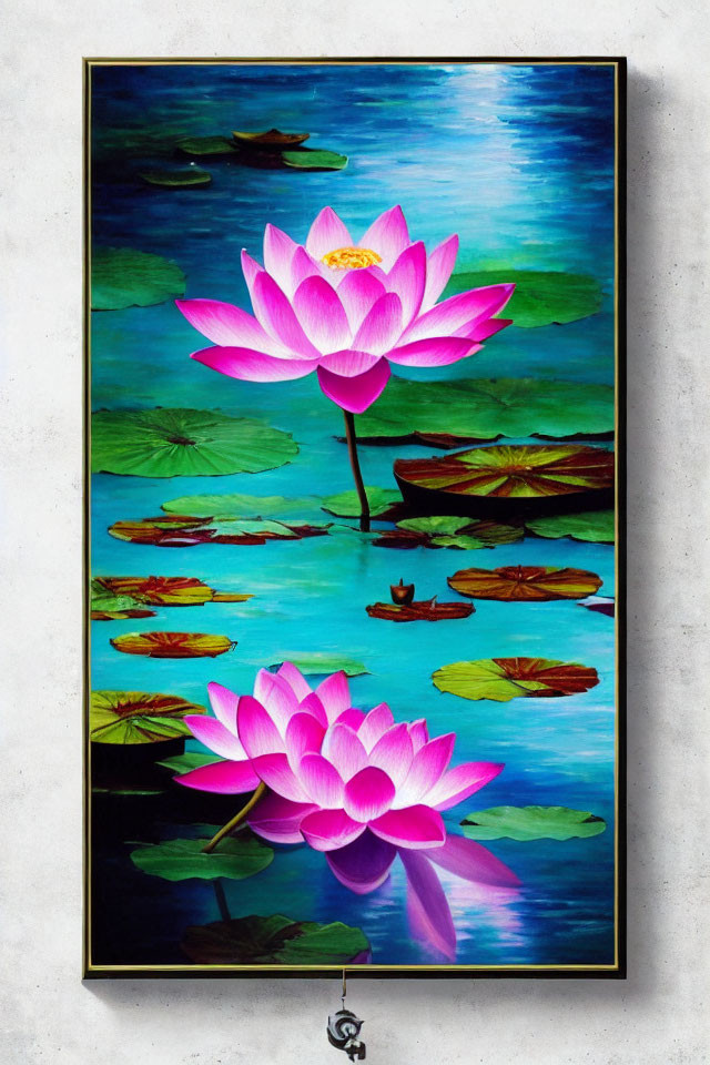 Colorful painting of pink lotus flowers and green lily pads on blue water, hanging on white