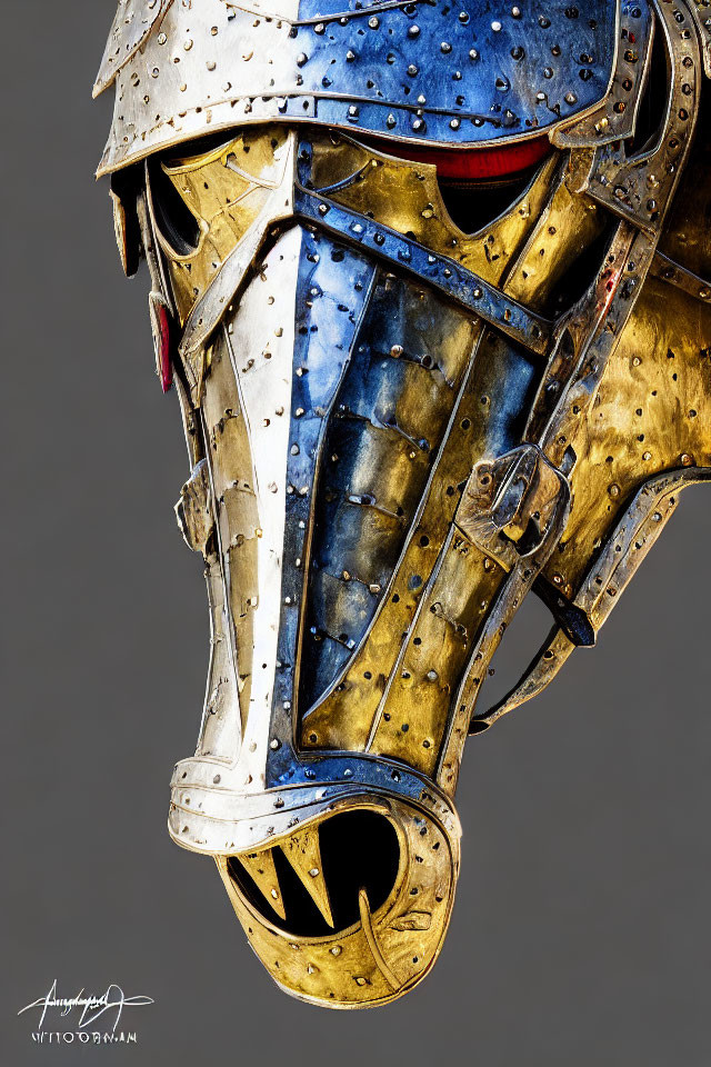 Detailed Medieval Knight Helmet with Visor Up in Silver and Gold Tones