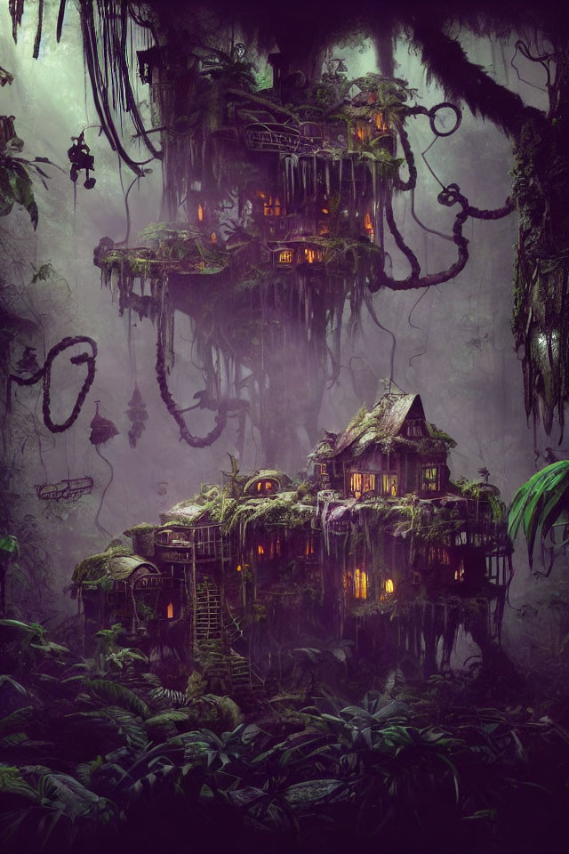 Glowing windows treehouse in misty jungle with vines