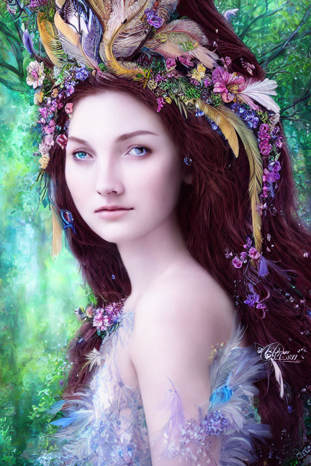 Woman with Red Hair Wearing Floral Crown in Forest